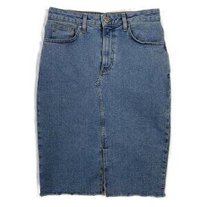 Denim Co Est 1969 Midi Jean Skirt Size 8 Light Wash Distressed Hem Front Slit